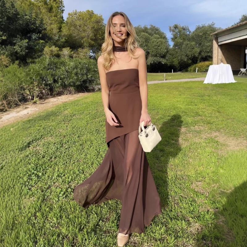 Strapless Slit Long Dress With Ribbon Female Sleeveless Mesh Elegant Beach Vacation Dress Spring New Women Dress