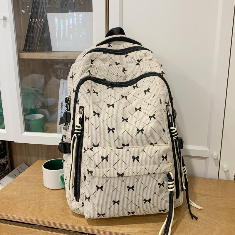 Bow Print Corduroy Backpack Casual Fashion Daily Bag Large Capacity School Bag for Students Minimalist Design Commute Travel with Tassel Accents