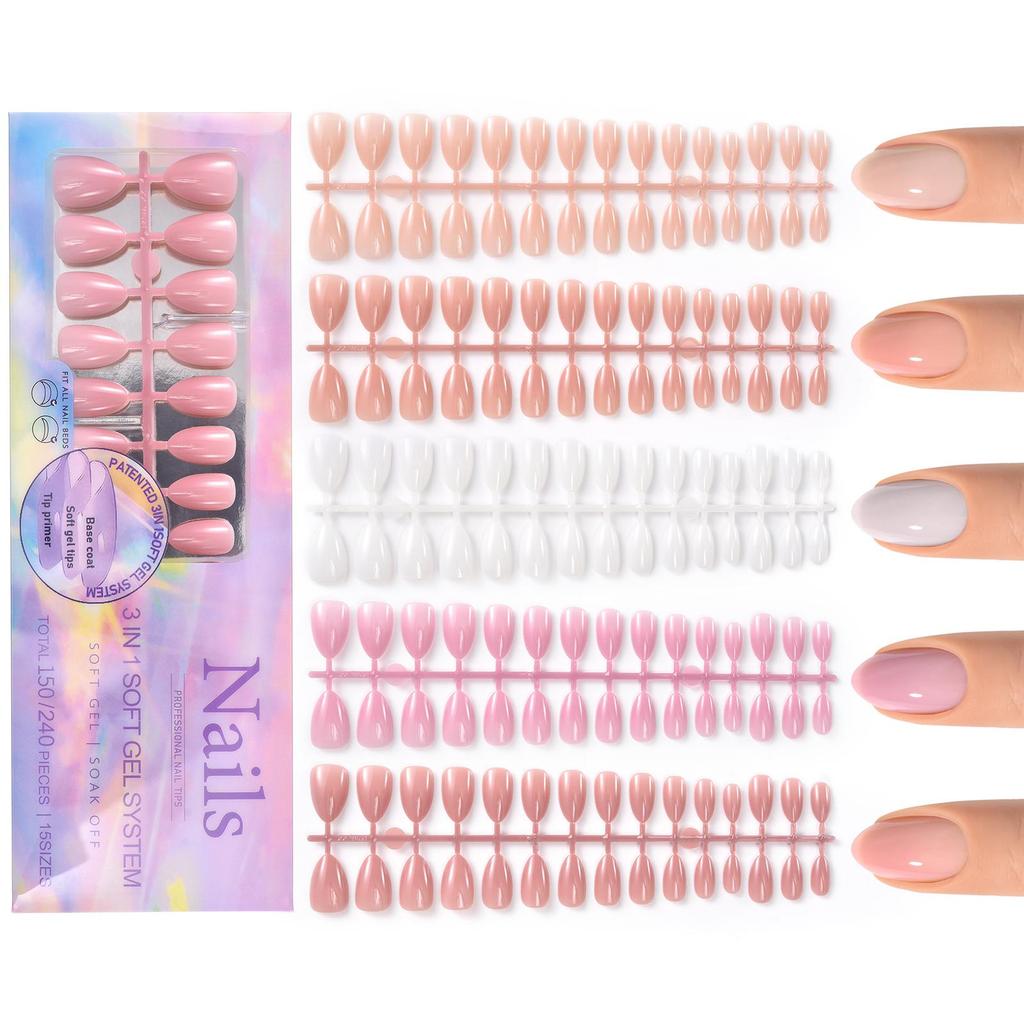 150pcs 3-IN-1 Press On Nails Nude Color Wearable Fake Nail Tips Full Cover Artificial Fingernails Almond Ballet Nail Extensions