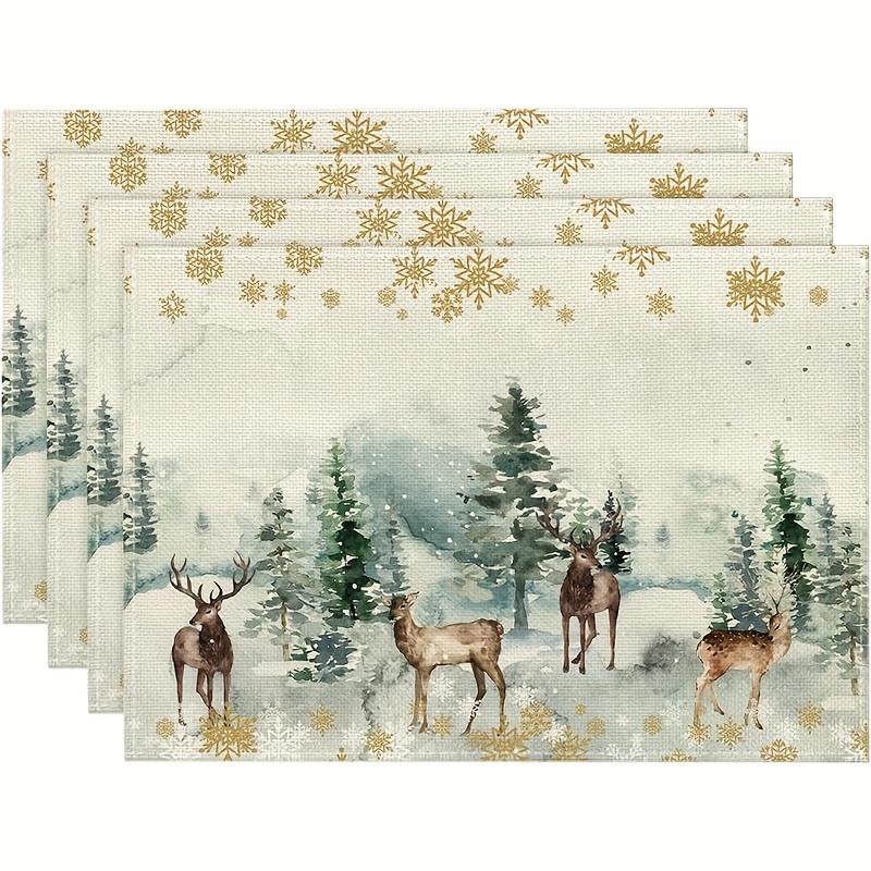 4-Piece Winter Solstice Snow Scene Deer Forest Placemats Home Banquet Christmas Gathering Winter Table Decor 4PCS