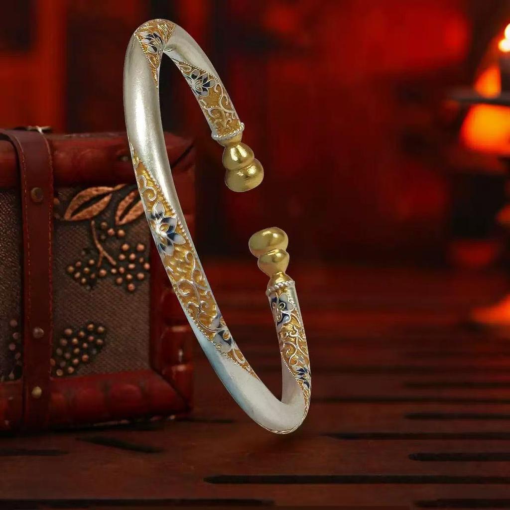Gold Enamel & Sterling Silver Blooming Flowers Gourd Bangle - Versatile Gift for Girlfriend