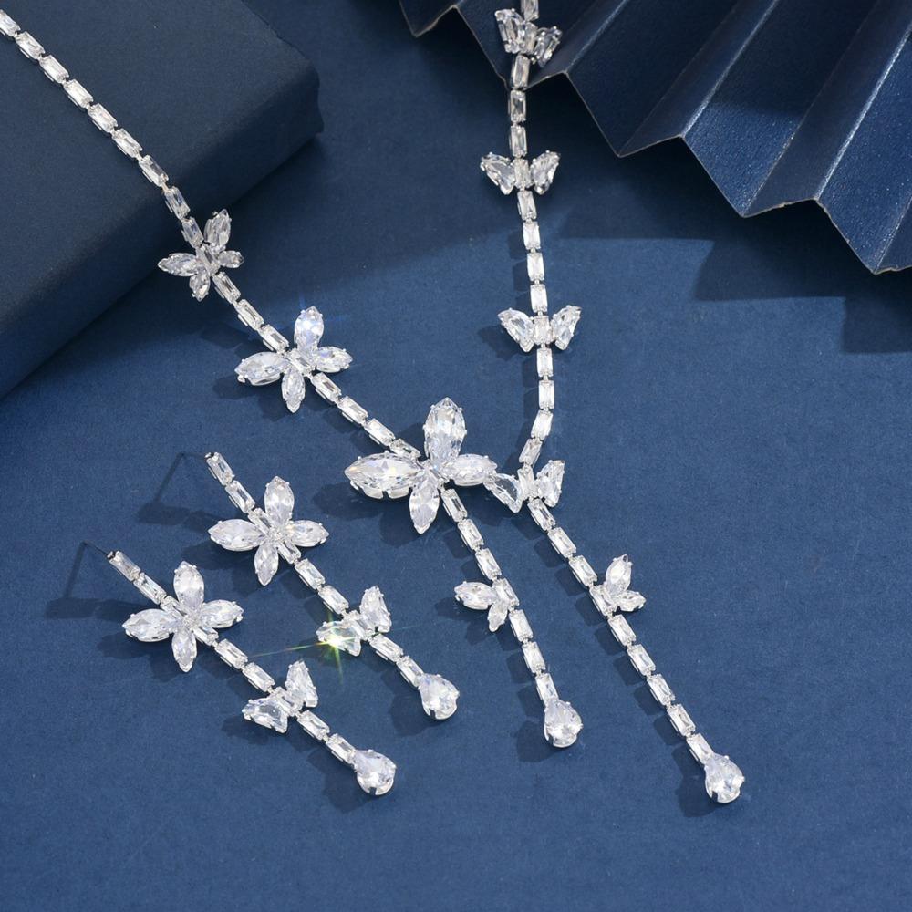 French-Style Earrings and Necklace Set Zirconia Butterfly Tassel Jewelry Sets for Banquets