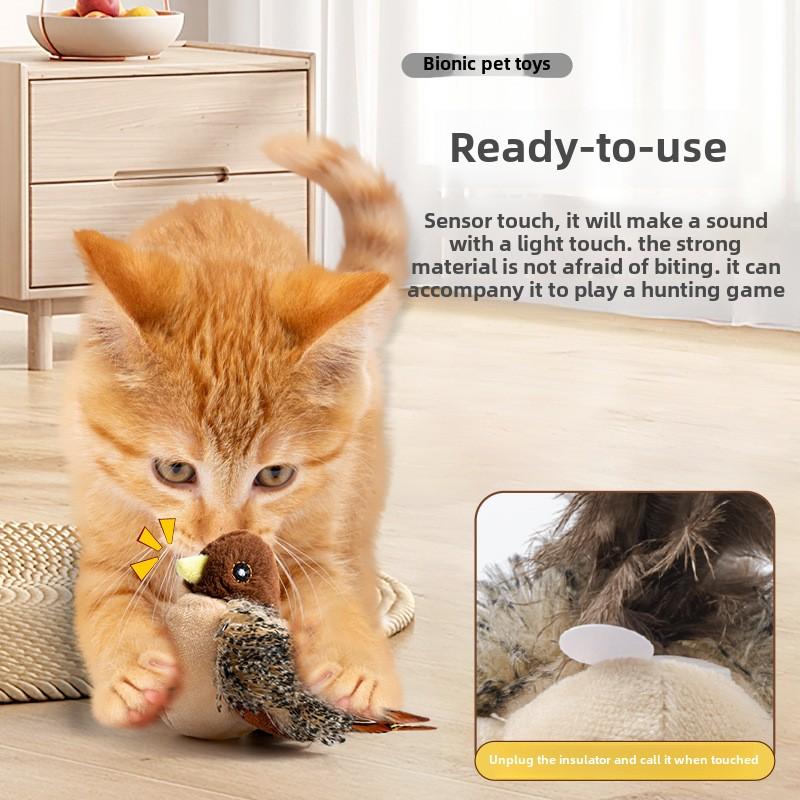 Plush Simulation Bird Sparrow Induction Sound Teasing Cat Stick Hedgehog Self-hi To Relieve Boredom Cat Toy