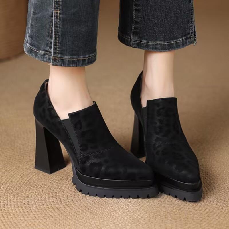 Супервысокие каблуки Ретро Леопардовый принт Платформа Глубокий вырез Однобортная обувь Женская Весенняя и Осенняя Мода Ботильоны 39 чёрный 3690₽