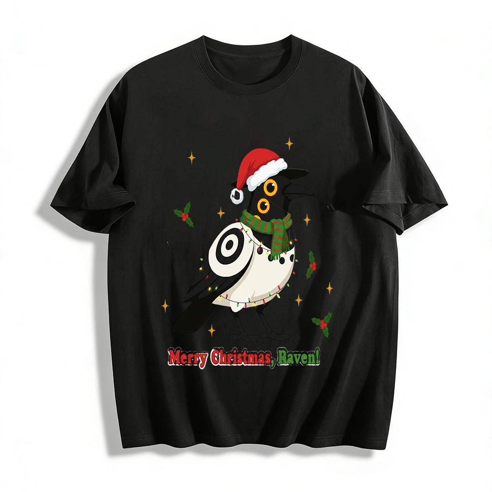 Christmas Themed Three-eyed Raven Print Top Festive Santa Hat String Lights Casual Tee Pure cotton T-shirt XXS