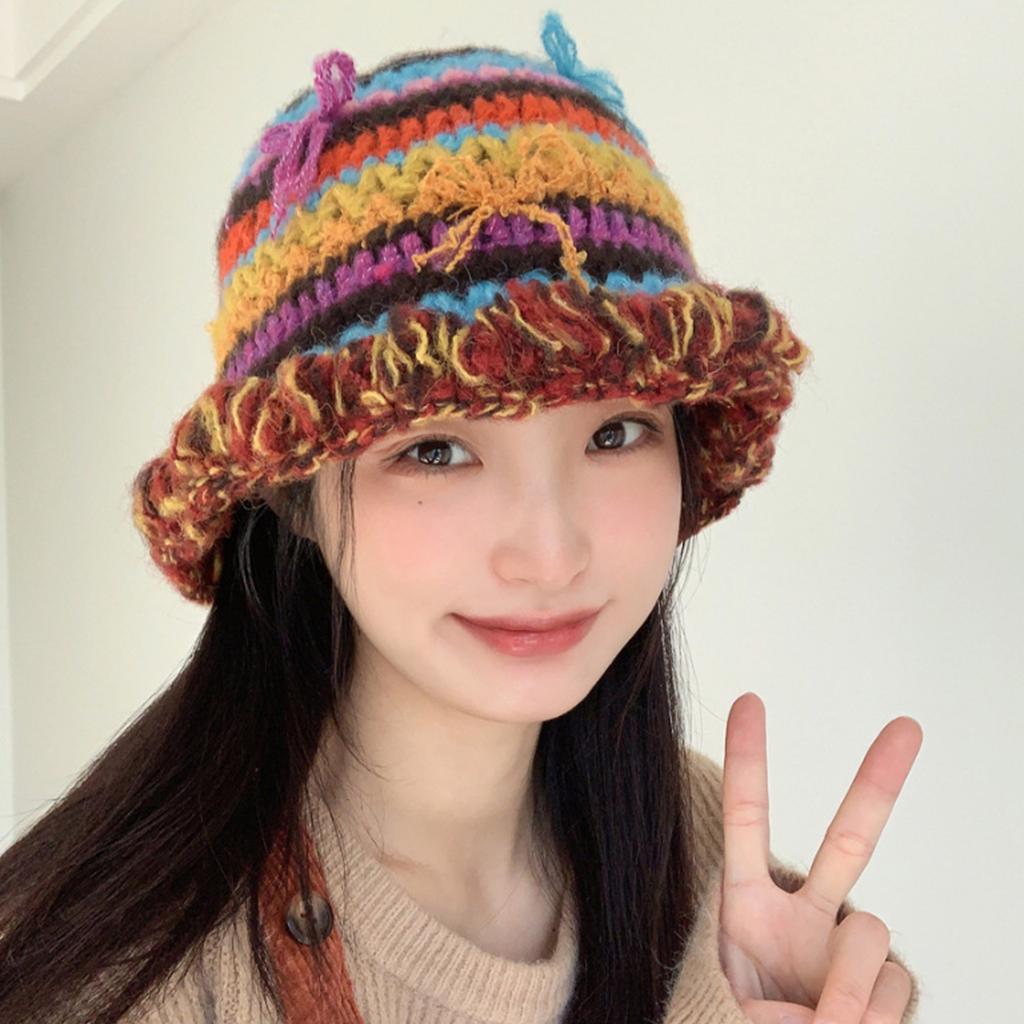 Korean Handcrochet Vintage Rainbow Striped Bucket Hat Women Cute 3D Bowknot Warm Faux Wool Knitted Beanies Fishing Cap