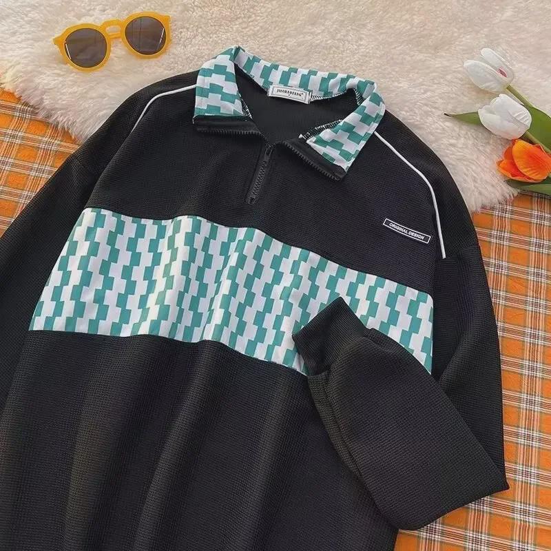 Men's Spring Casual Checkerboard Polo-Collar Sweatshirt - Retro, Loose-Fit Fashion Trend