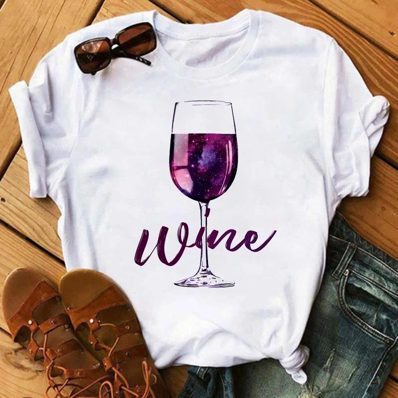 Wine Glasses Printed Tshirts Women Summer Short-sleeve Wine Glass Funny Casual T Shirts Female Black Tops Woman Clothing