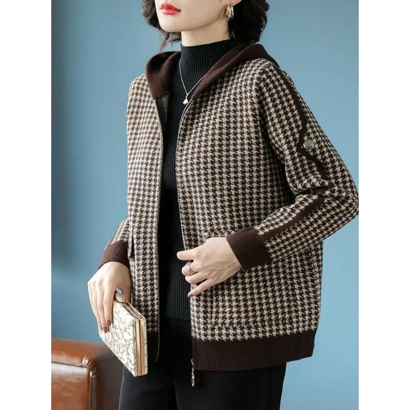 Giacca da Donna Autunno e Inverno Chibi a Quadri Moda Casual con Cappuccio Ringiovanente Cappotto con Cappuccio Top