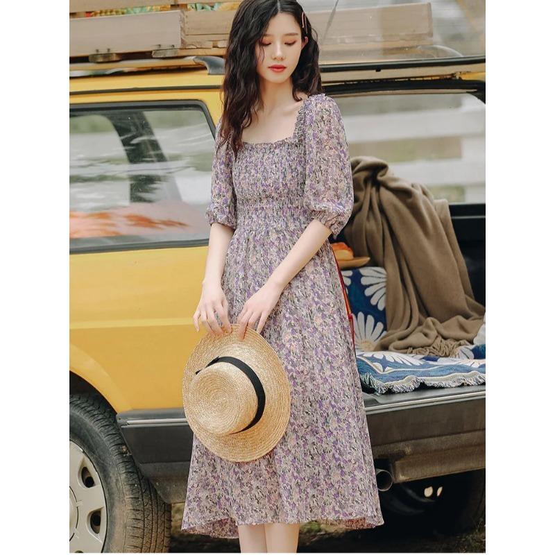 Abito lungo floreale vintage da donna in chiffon con colletto quadrato e maniche a sbuffo, stile francese, nuovo arrivo estivo 2024