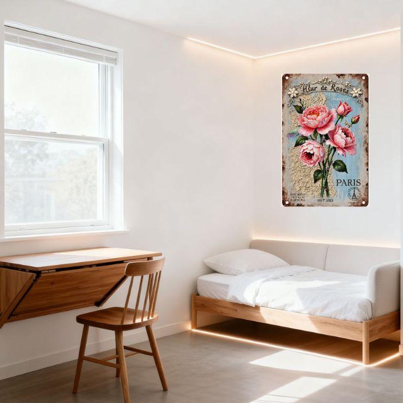 Vintage Fleur de Roses Metal Tin Sign Paris Eiffel Tower Peony Bouquet Decor AUTEUR VINTAGE KUTT 1880 Home Bar Cafe Wall Plaque