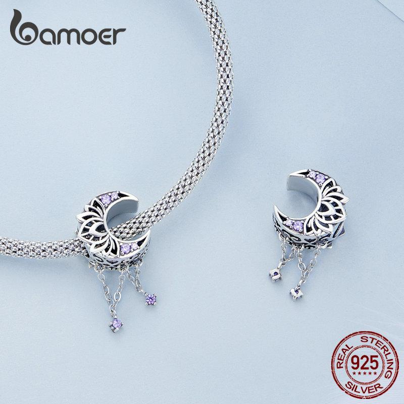 Bamoer 925 Sterling Sølv Vintage Tekstur Lilla Zirkonium Anheng passer Kvinner DIY Armbånd & Armring Perle Glansfulle Perle Charms