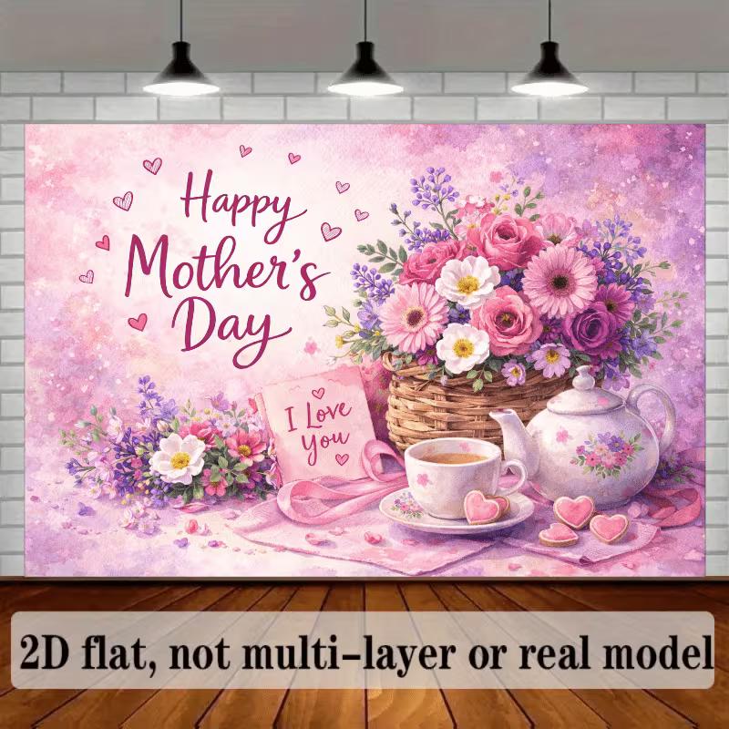 2D Mother's Day Tea Party Backdrop, Pink Purple Floral Banner, Happy Mother's Day Decor