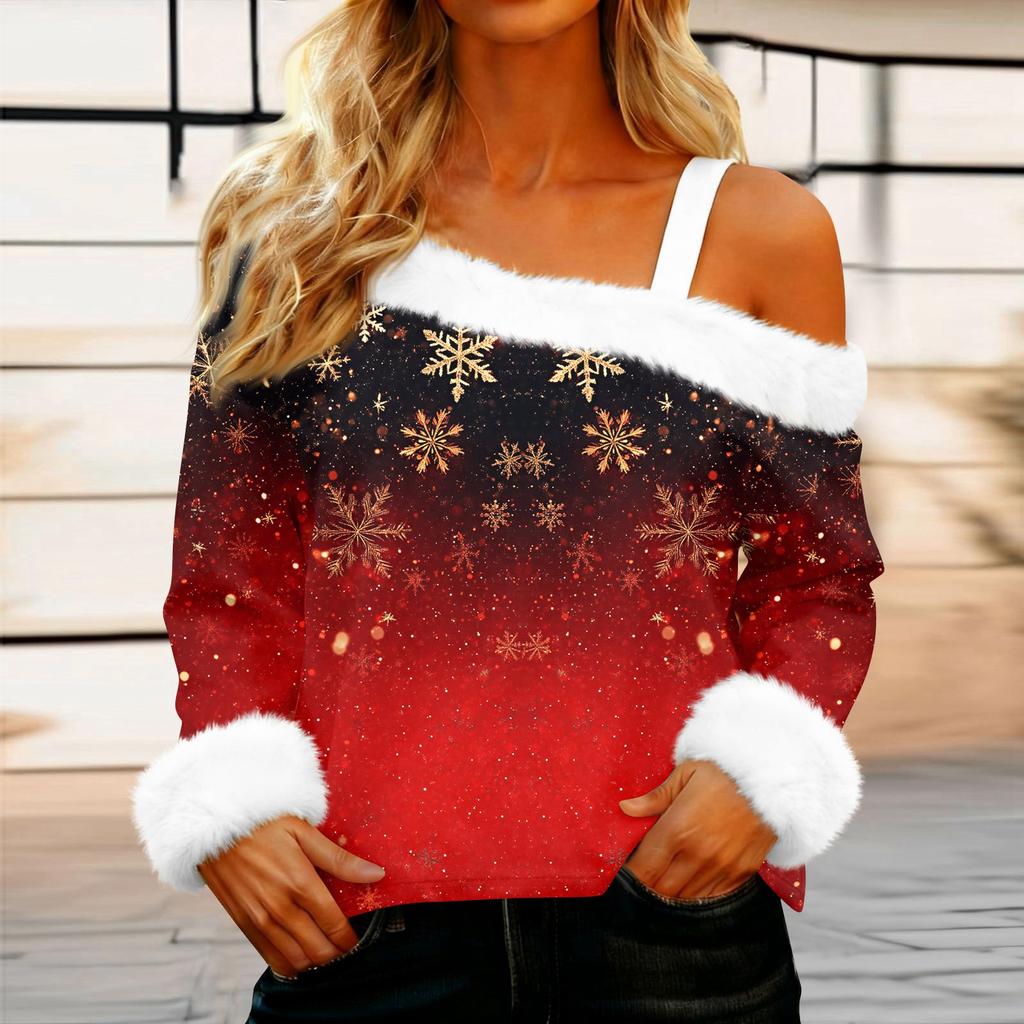 Women's Off-the-shoulder Plush Neck Printed Long-sleeved Pullover T-shirt Top