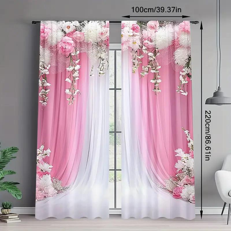 2 Stück - Rosa floral - Bedruckte Vorhänge, geeignet für Heimdekoration in Schlafzimmern und Wohnzimmern