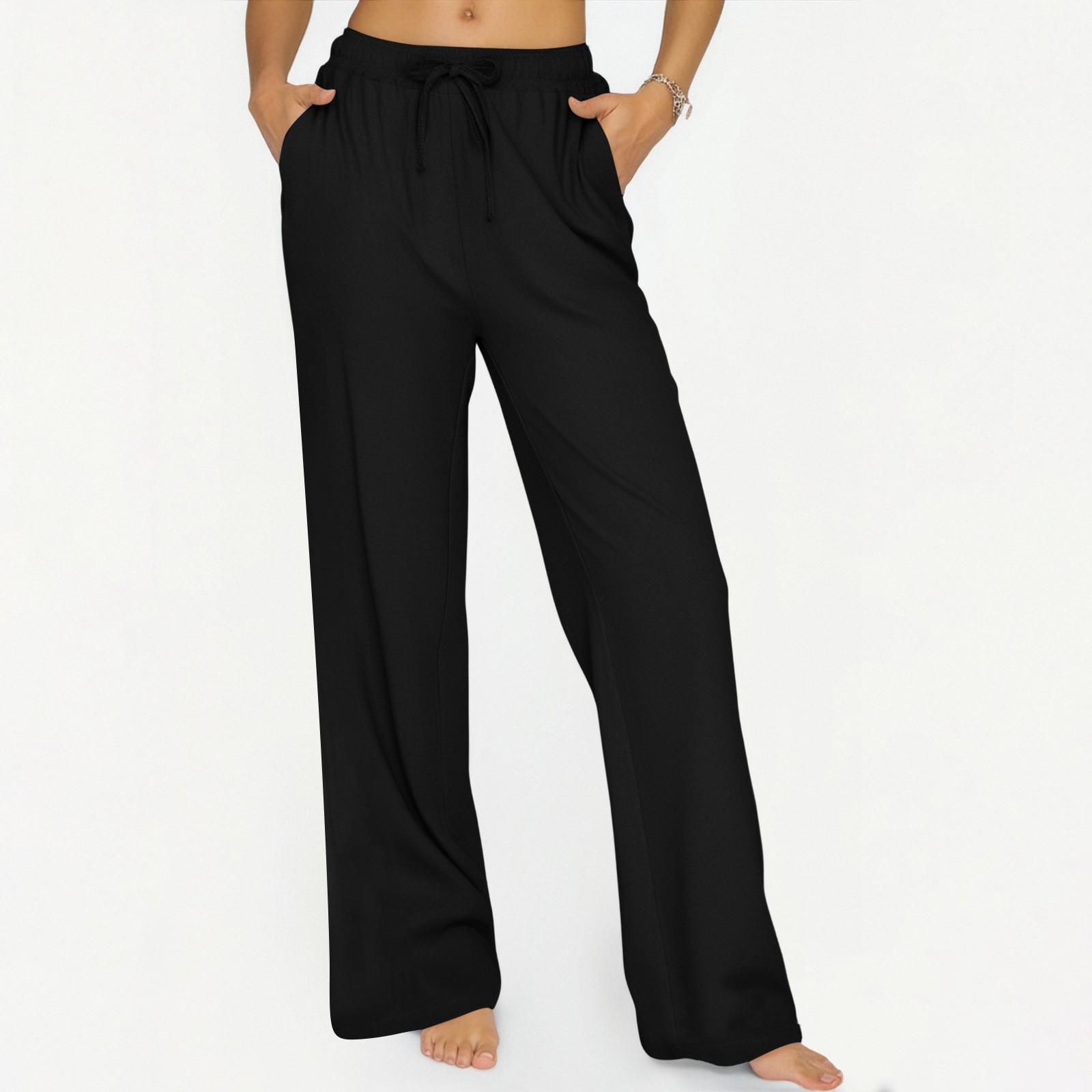 Women s Casual Color Cotton And Linen Wide Leg Pants With Elastic Waist Long Pants S