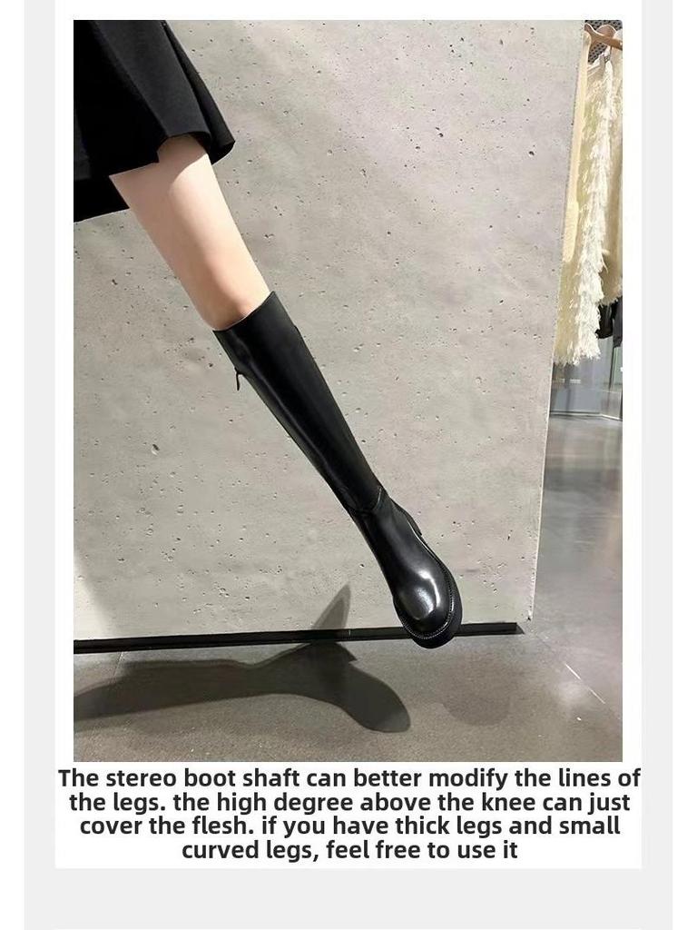 2024 Fall/Winter Women's Real Leather Elastic Knight Boots - Thick-Soled, Small-Sized, Knee-High