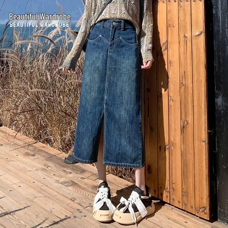 Women s High-Waisted Denim A-Line Midi Skirt with Slit 2XL