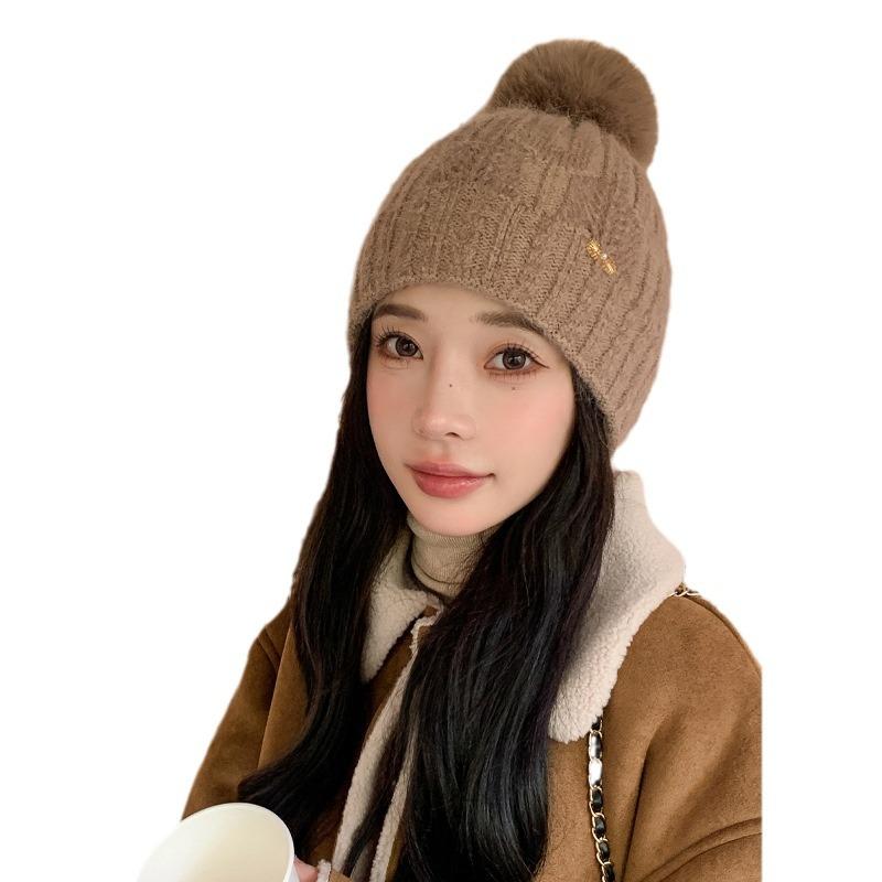 New Hat for Women's High End Diamond Label Rabbit Wool Knitted Wool Hat for Winter Warm Wool Ball Ear Protection Hat