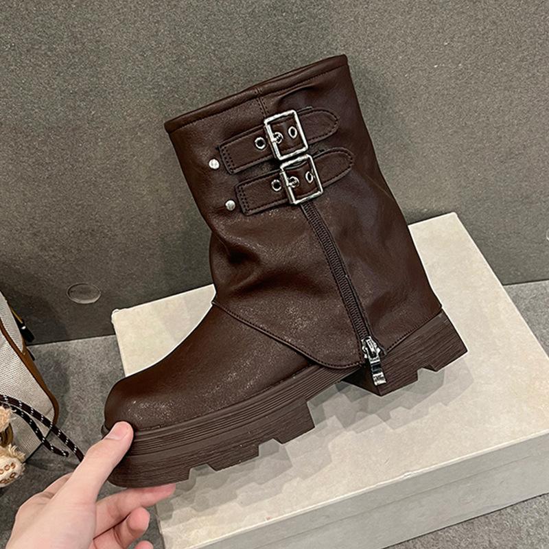 Retro Thick-soled Martin Boots for Women's 2025 Spring and Autumn New Versatile Maillard Pleated Trouser Boots Outdoor Heightening Short Boots