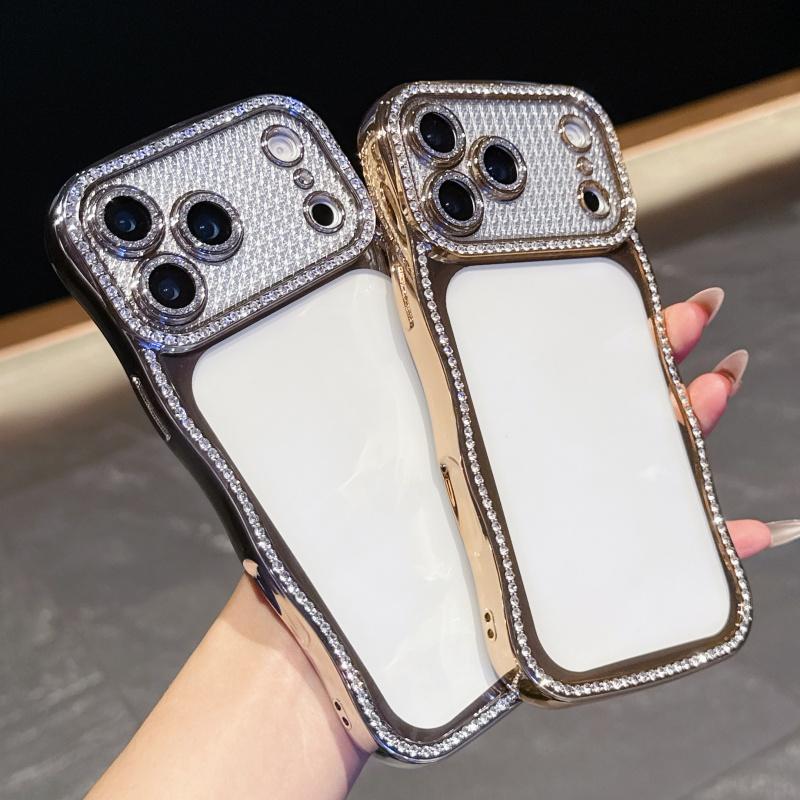 KEYSION Plating Transparent Wavy Rhinestone Phone Case for iPhone 13 14 15 16 17 Pro Max Air 16 Plus Lens Protector Shockproof Cover