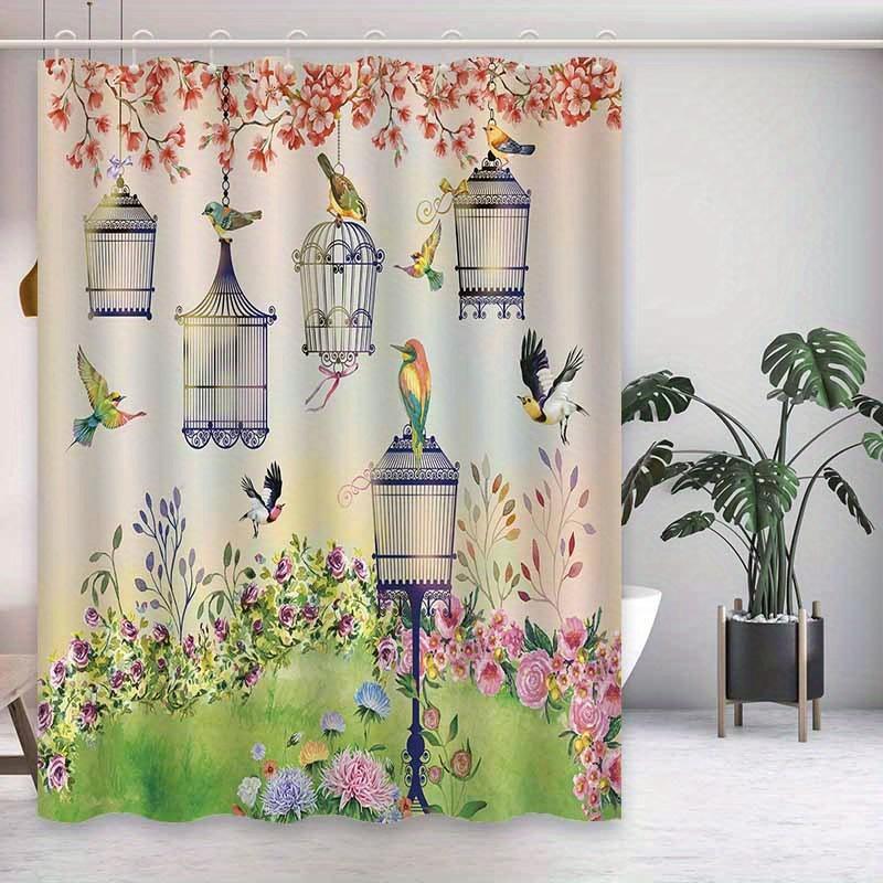 Elegant Pastoral Birdcage & Floral Shower Curtain, Machine Washable Polyester, Artistic Bathroom Decor, Vibrant Design