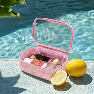 Pink Bow Makeup Bag Portable Cosmetic Pouch with Transparent Window Zippered Travel Cosmetic Organizer for Business Trip Vacation