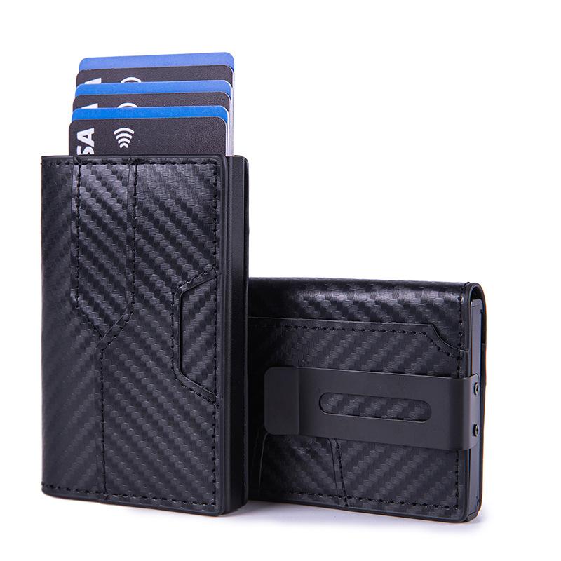 

Luxury Men RFID Blocking Card Holder Smart Wallet Carbon Fiber Minimalist Bifold Pop Up Aluminum Credit Card Case with ID Window углеродного волокна черного