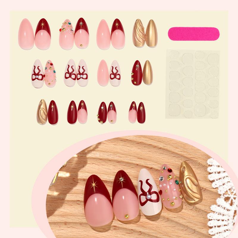 

Накладные ногти средней длины миндалевидной формы с дизайном, многоразовые, глянцевые, с полным покрытием, акриловые, клеевые, наклейки для ногтей для женщин