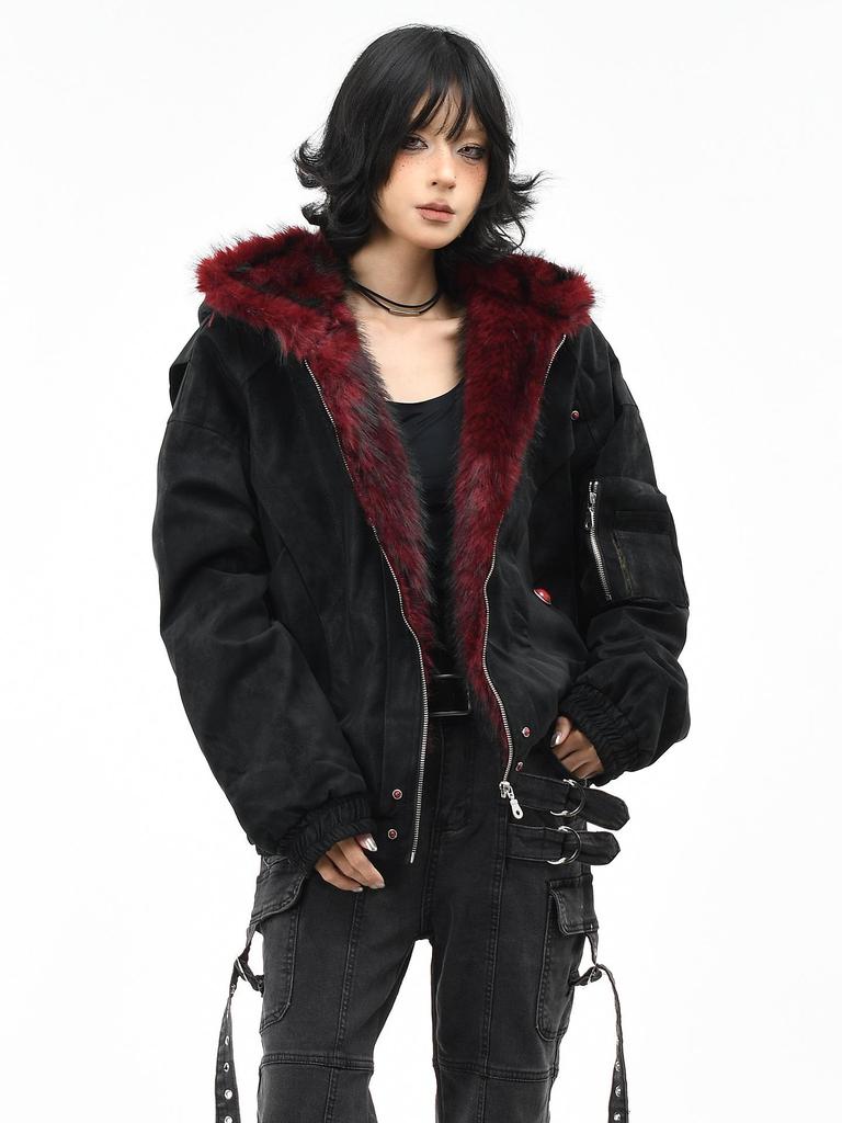 Men's Red Fur Collar Retro PU Leather Cotton Jacket - Heavyweight Warm Outerwear