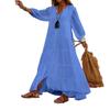 Women Solid Color V Neck Loose Long Sleeve Bohemian Midi Dress