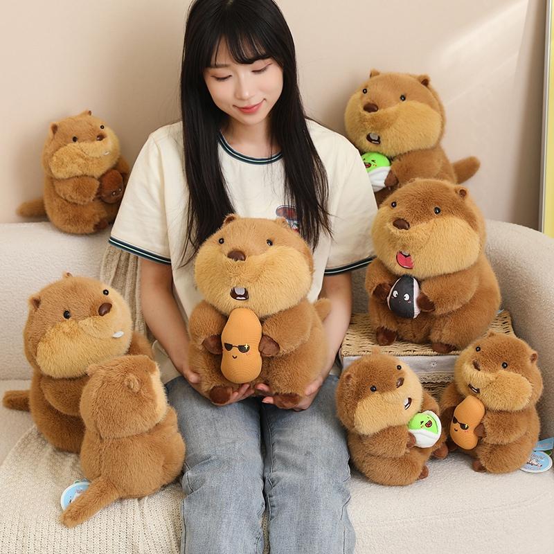 Practical Home Decor Unisex Fluffy Marmot Beaver Hug Food Stuffed Toy Adorable Xmas Birthday Gift Cuddly Lifelike Groundhog Capybara Plush Doll Gift