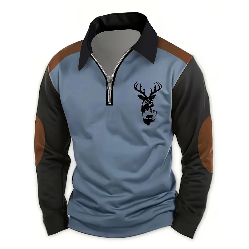 

Men s Casual Deer Head Print Two-Color Contrast Color Long Sleeve Zipper Polo Shirt 5XL синій