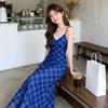 Blue Plaid Collar Suspender Dress Women's Summer Vacation Temperament Hip Skirt Backless Waist Slim Skirt