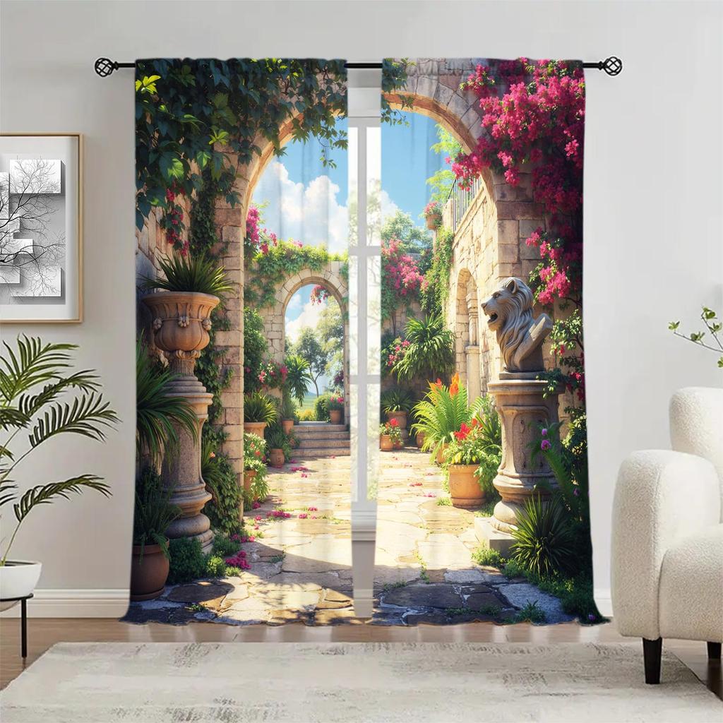 2pcs Romantic French Garden Arches Printed Curtains    Shade and Privacy Protection   Suitable for Decorating Various Rooms