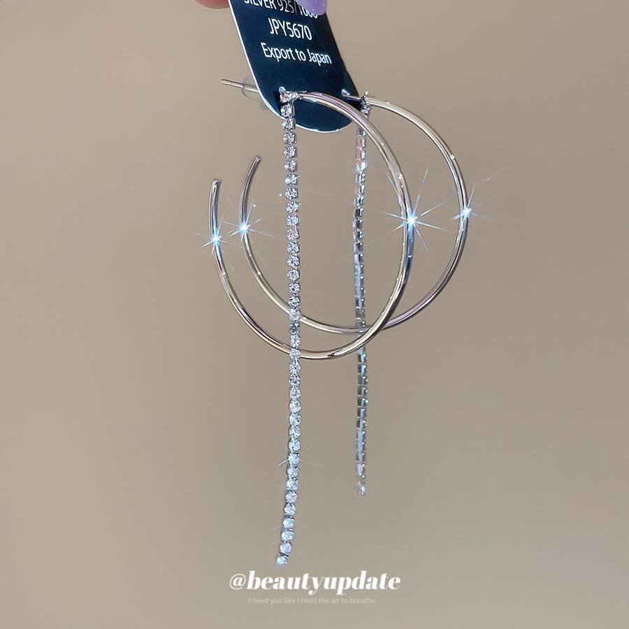 Silver Needle Rhinestone Tassel Earrings, European-American Fashion Geometric Studs, Light Luxury High-End Ear Ornaments