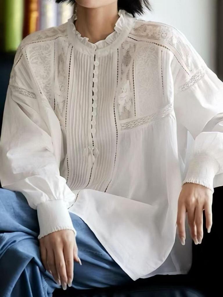 2025 Autumn French Lace Embroidered Retro Cotton Long Sleeve Shirt for Women