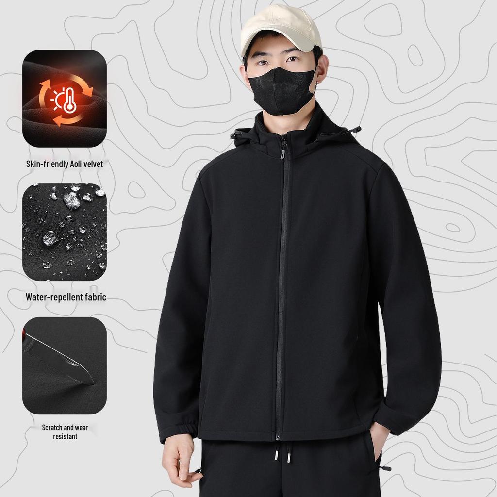 Men's Winter Softshell Jacket with Detachable Hood, Fleece-Lined, Windproof, and Warm - Plus Size Available