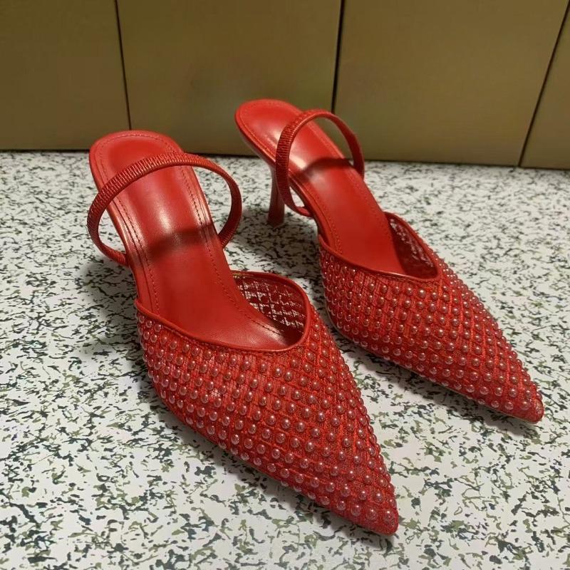 Fashion 2025 Luxury Pearl Summer Women Party Shoes Pointed Toe Slingback Red Wedding Bridal Sandals Sexy Nightclub Sandalias Mujer