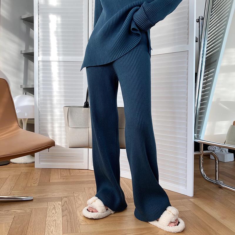 Women Sweater Suit Fall and Winter Solid Color Round Neck Sweater Set Women's Loose Knitted Top Clothing Wide Leg Pants Two-piece Set