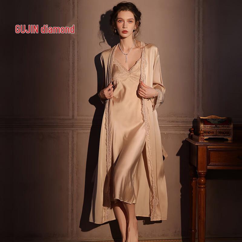 GUJIN Women s French Ice Silk Padded Nightdress & Robe Set L шампанского