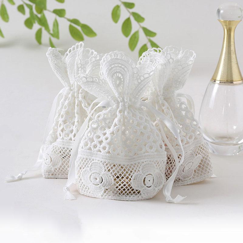 WTEMPO White Hollow-out Lace Brim Gift Bags Jewelry Storage Bags Creative Round Bottom Drawstring Bags Ideal for Storing and Gifting Delicate Items