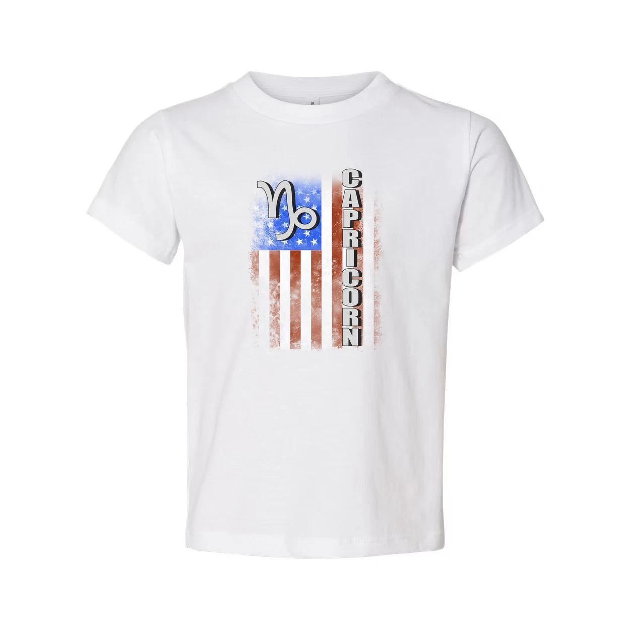 Capricorn Zodiac Graphic Tee With USA Flag Design For Unisex Adults Comfort Fit 2XL