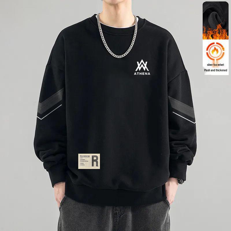 

Men s Round Neck Plus Velvet Sweatshirt - Autumn/Winter Loose Fit Long Sleeve Pullover, Casual and Trendy Base Layer M (Recommended for 80-100 lbs)