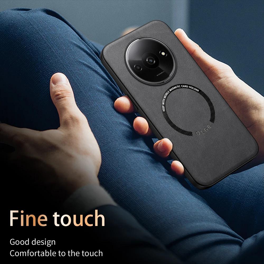 For Redmi A3 A3X Fine Hole PU Cow Pattern Leather Outer Magnetic Ring Soft Edge Anti-Drop Anti-Fingerprint Phone Case