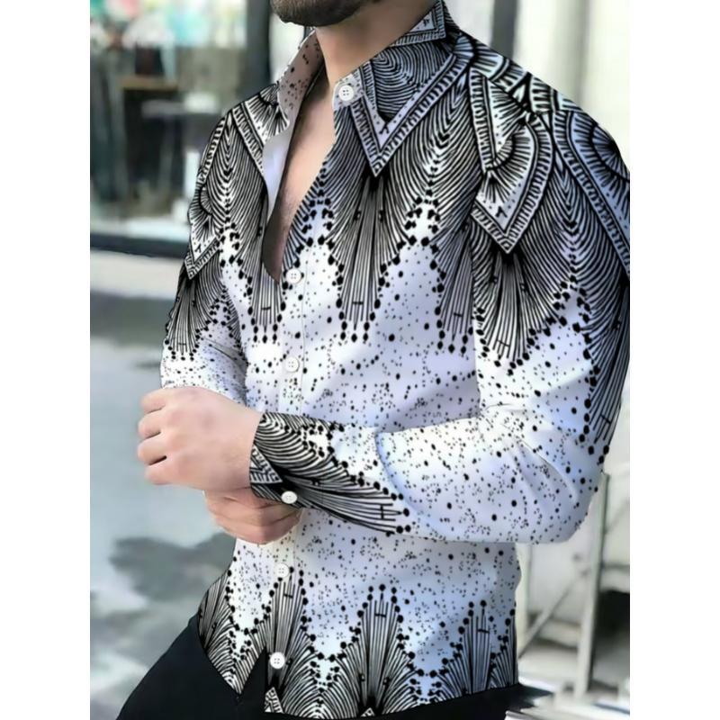 Men's Printed Long Sleeve Button Down Shirts Turn Collar Nightclub Casual Camisas Hombre Plus Size Streetwear Fashion Top