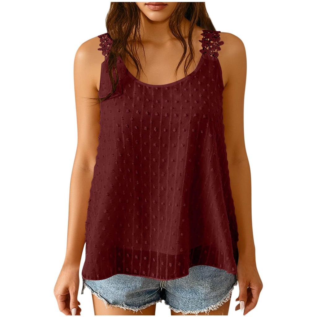 Women's Fashion Color Round Neck Summer Lace Lace Lace Sleeveless Loose Tank Top
