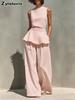 New Women's Sleeveless Vest Wide Leg Pants Cotton Linen Two Piece Set Female Clothing