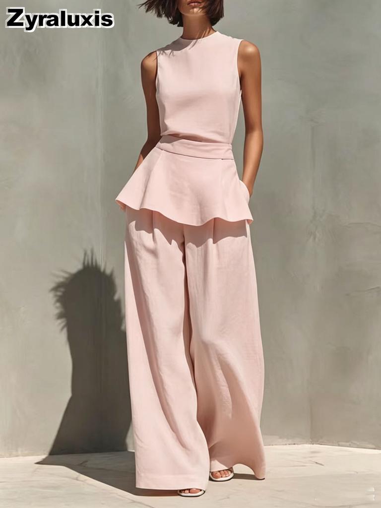 New Women's Sleeveless Vest Wide Leg Pants Cotton Linen Two Piece Set Female Clothing