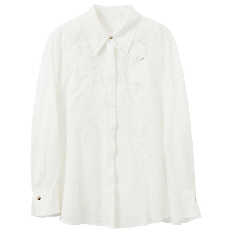 Sancai Women s Lyocell Linen Embroidered White Shirt S
